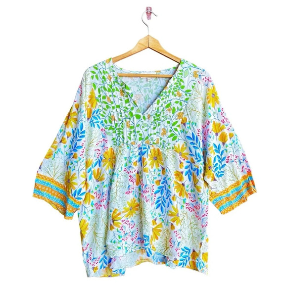CYNTHIA ROWLEY Floral Tunic Top Women’s XL Multicolor 3/4 Sleeves Pin-tuck - Picture 1 of 3